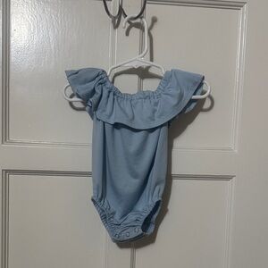 Ruffled Off-Shoulder Leotard  in Powder Blue